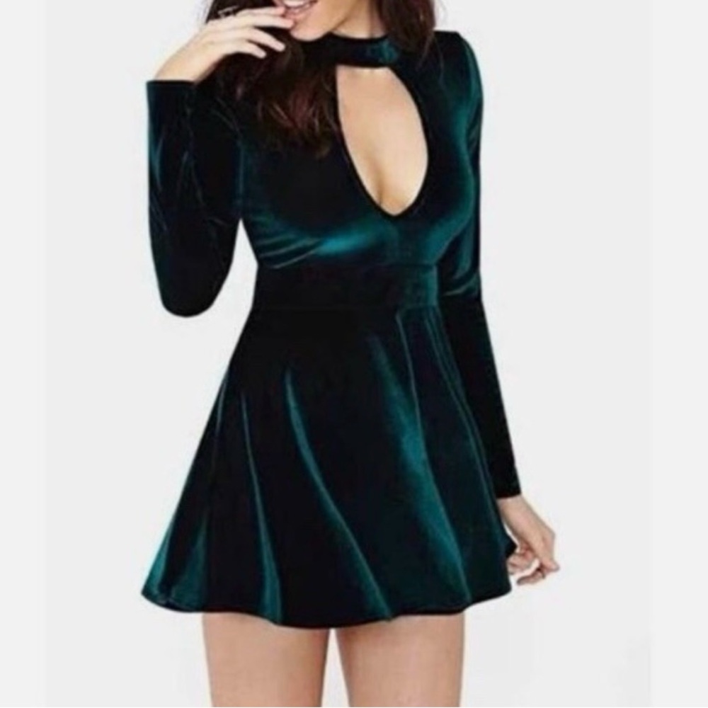 For Love & Lemons Anna Green Velvet Keyhole Long Sleeve Skater Dress S